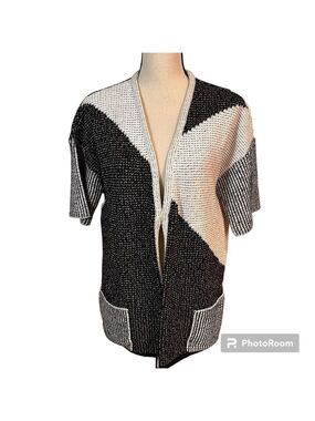 St. John Collection Black And White Pattern Print Open Front Sweater Sz-M